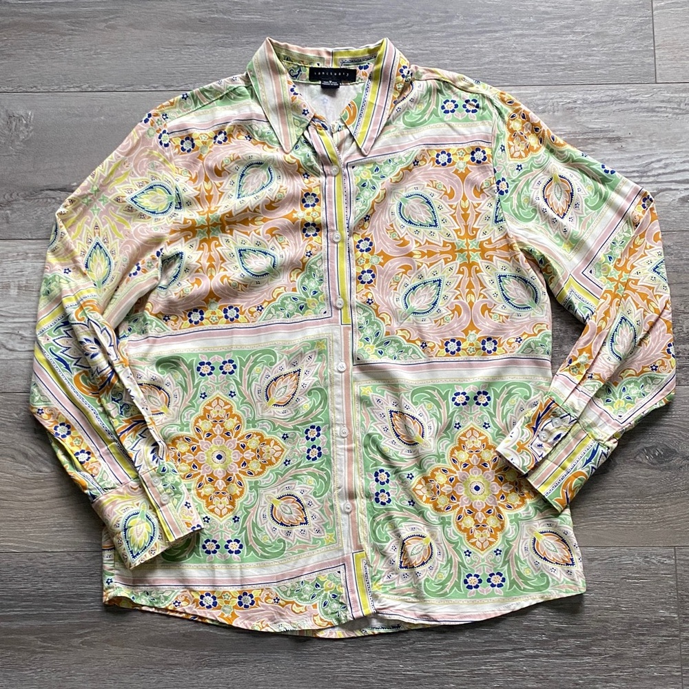 Sanctuary Multicolor Floral Paisley Print Rayon Button Down Shirt Womens Sz MD